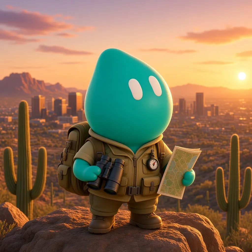 Abi, FIBI's teal explorer mascot, holding a map in the desert at sunset