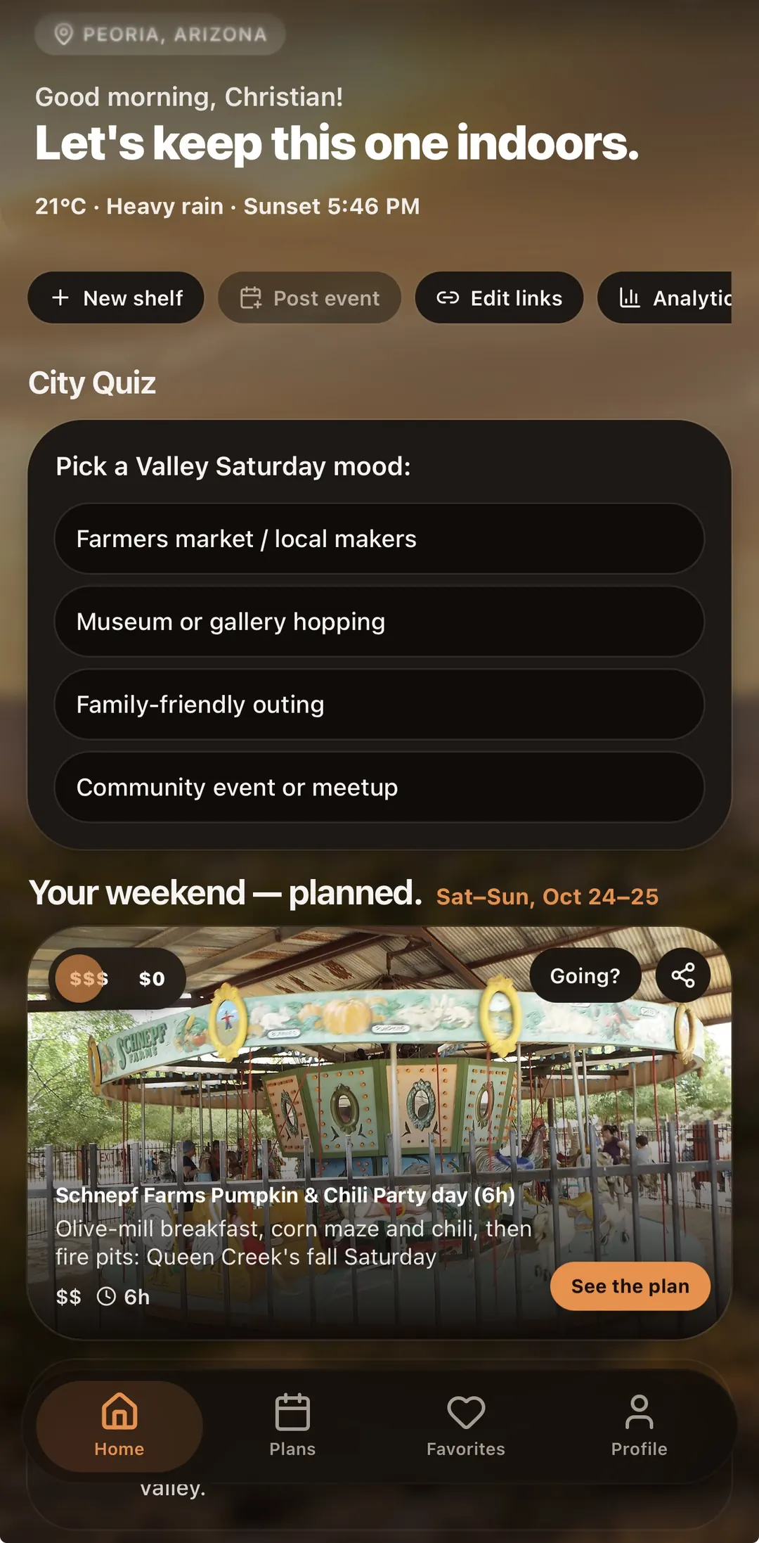 Home screen with this weekend's plan