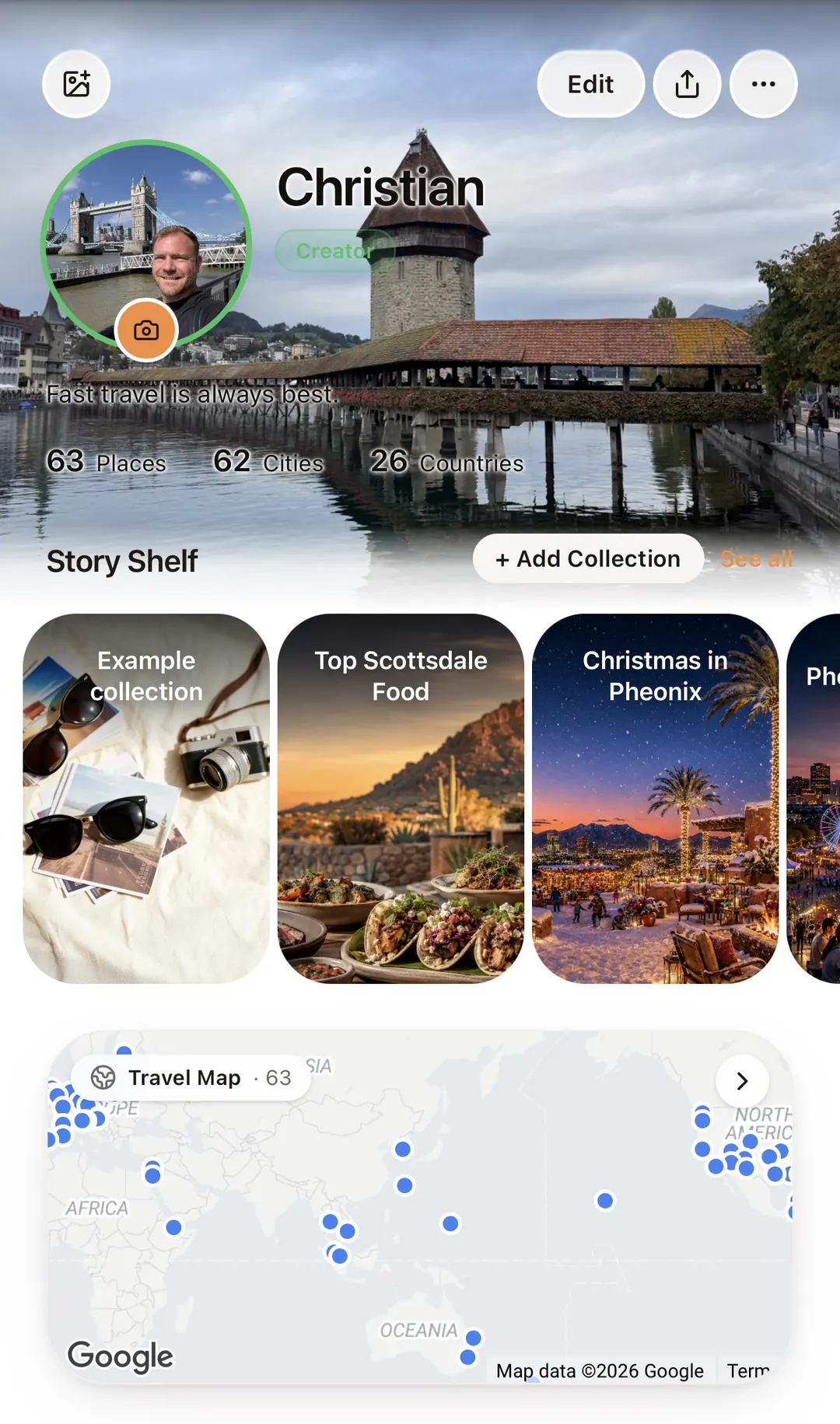 Profile with Story Shelf and Travel Map